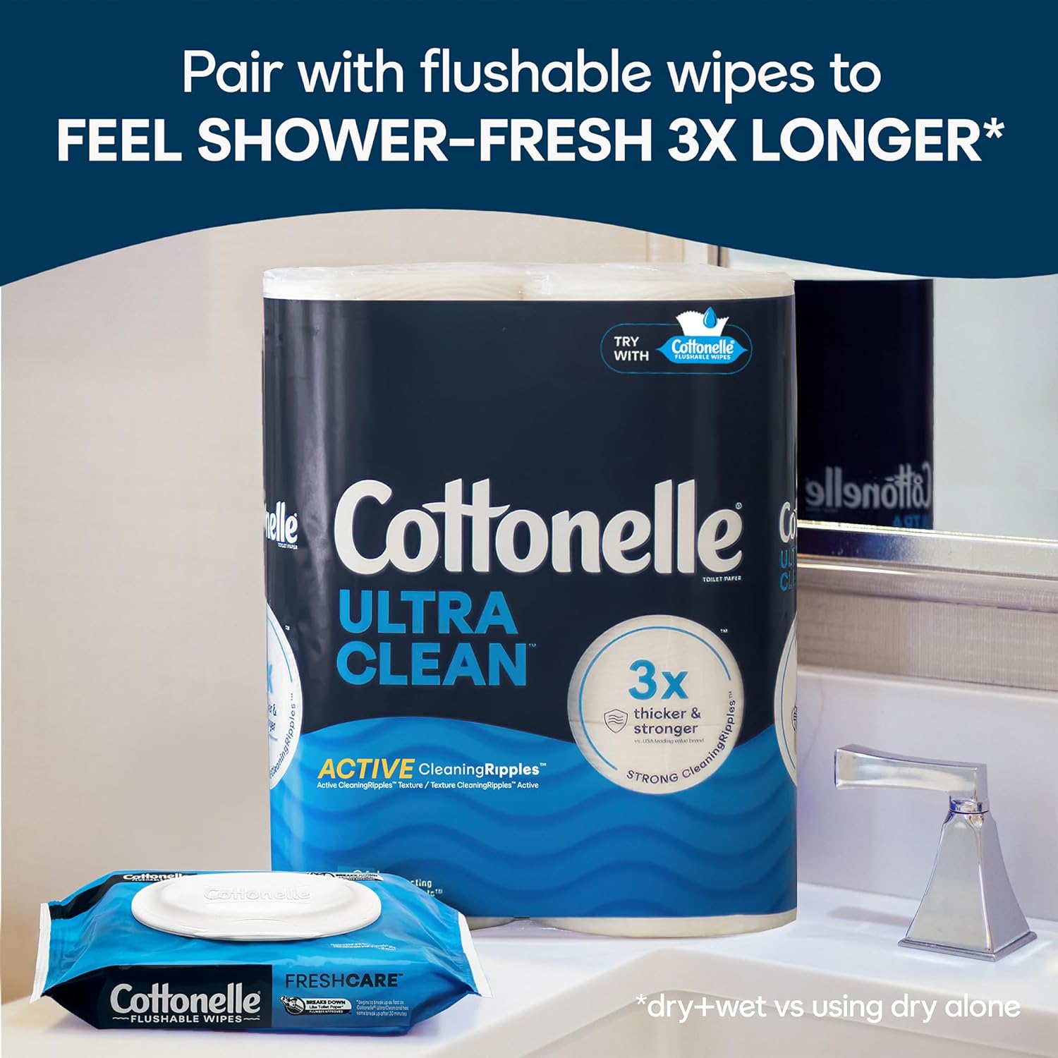 Cottonelle Ultra Clean Toilet Paper with Active CleaningRipples Texture, Strong Bath Tissue, 32 Family Mega Rolls (8 Packs of 4)