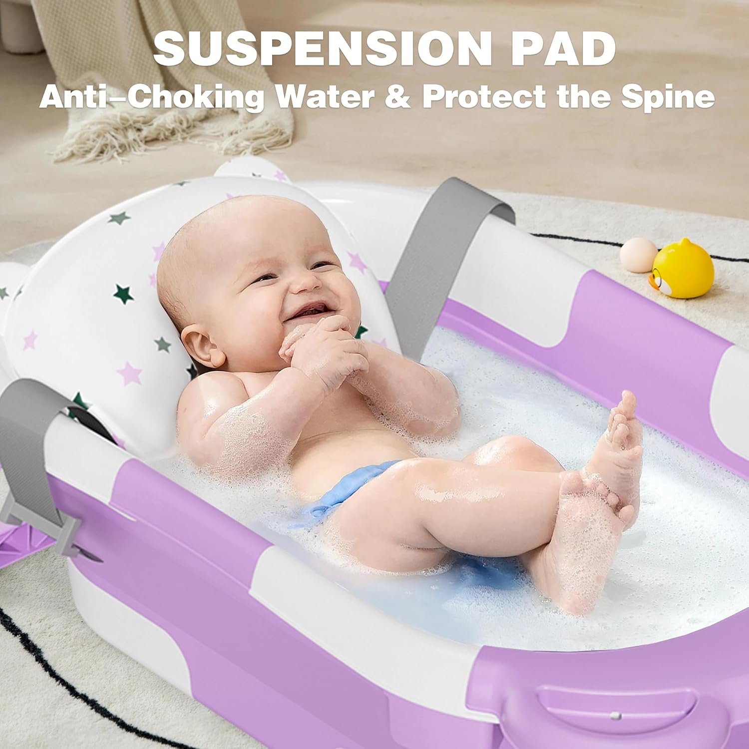 MoreFeel Collapsible Baby Bathtub for Newborn with Thermometer & 1 Hooded Towel & 1 Soft Floating Cushion, Lavender