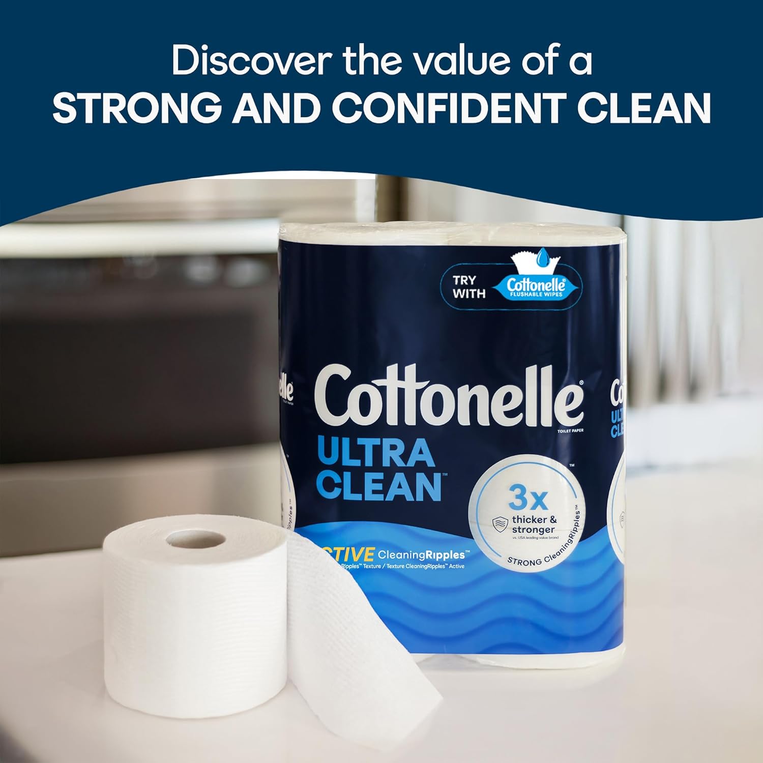 Cottonelle Ultra Clean Toilet Paper with Active CleaningRipples Texture, Strong Bath Tissue, 32 Family Mega Rolls (8 Packs of 4)