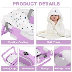 MoreFeel Collapsible Baby Bathtub for Newborn with Thermometer & 1 Hooded Towel & 1 Soft Floating Cushion, Lavender