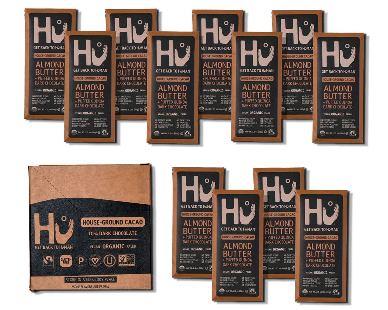 Hu Chocolate Bars, 12 Pack Almond Butter Puffed Quinoa Chocolate, Natural Organic Vegan, Fair Trade Dark Chocolate, 2.1oz Each