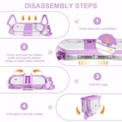 MoreFeel Collapsible Baby Bathtub for Newborn with Thermometer & 1 Hooded Towel & 1 Soft Floating Cushion, Lavender