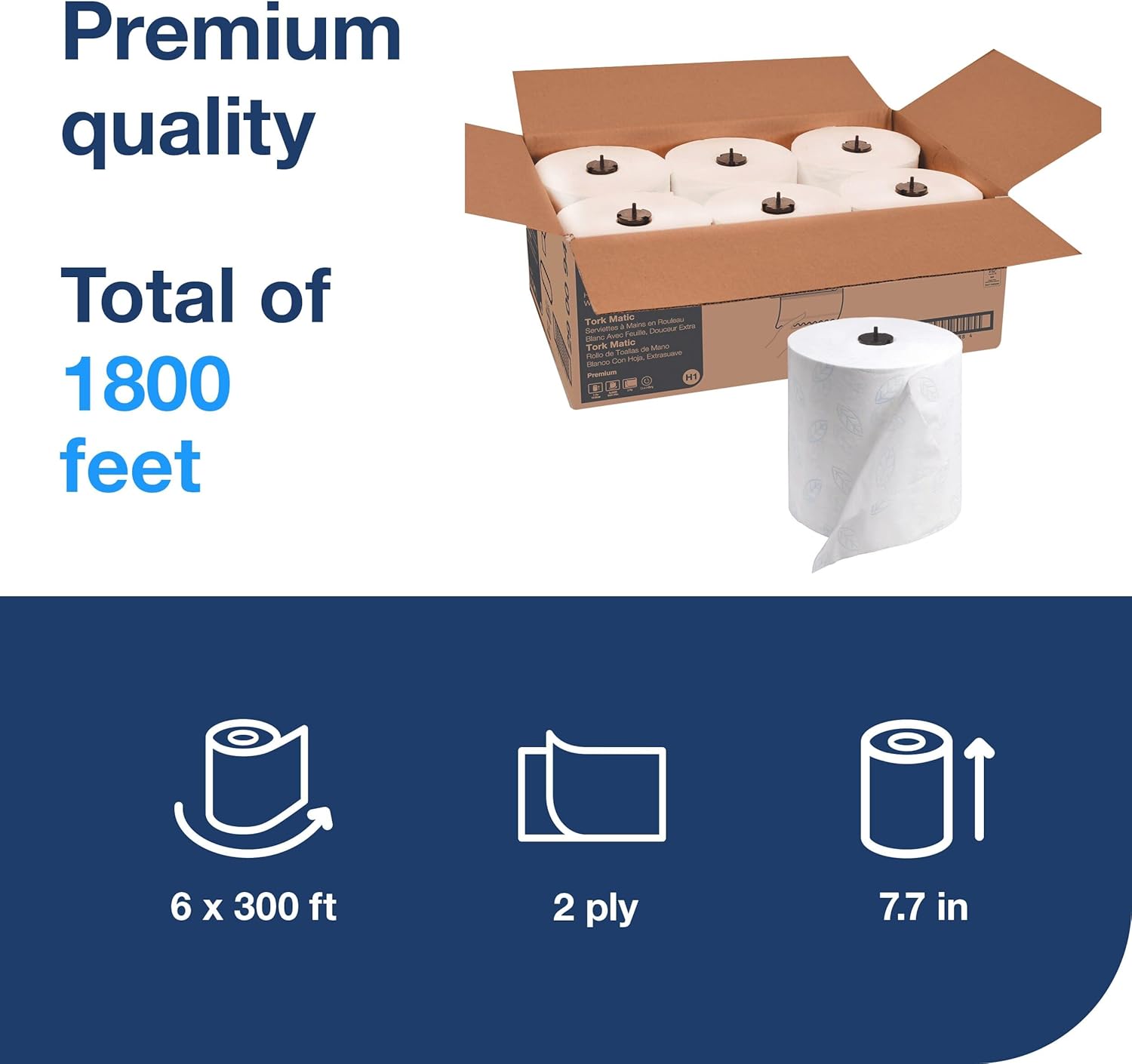 Tork Matic Extra Soft Paper Hand Towel Roll White with Blue Leaf H1, Premium, High Absorbency, 6 Rolls x 300 ft, 290094