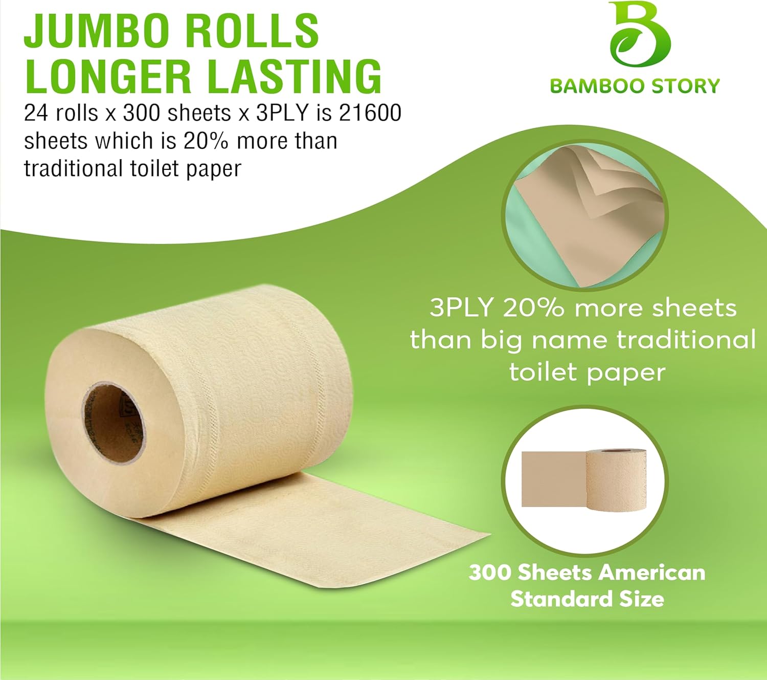 Premium Bamboo Toilet Paper, PFAS Free, Chemical Free Toilet Paper, Unbleached, (24) 3PLY & 300 Sheets, Organic Brown