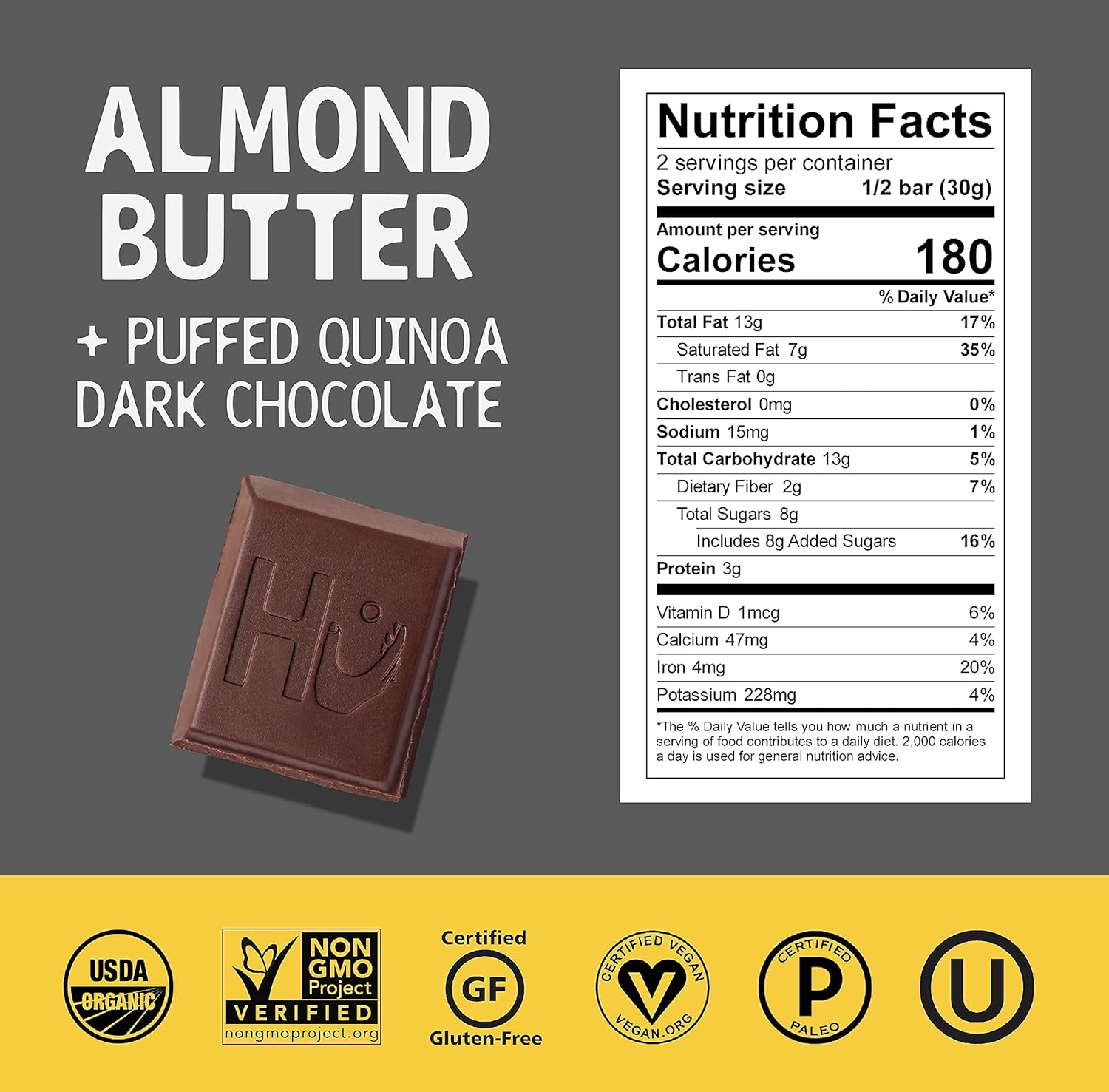 Hu Chocolate Bars, 12 Pack Almond Butter Puffed Quinoa Chocolate, Natural Organic Vegan, Fair Trade Dark Chocolate, 2.1oz Each