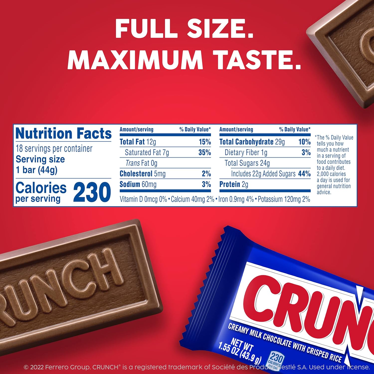 CRUNCH Bulk 18 Pack, Milk Chocolate and Crisped Rice, Full Size Holiday Candy Bars, Stocking Stuffers, Individually Wrapped, 1.55 oz Each
