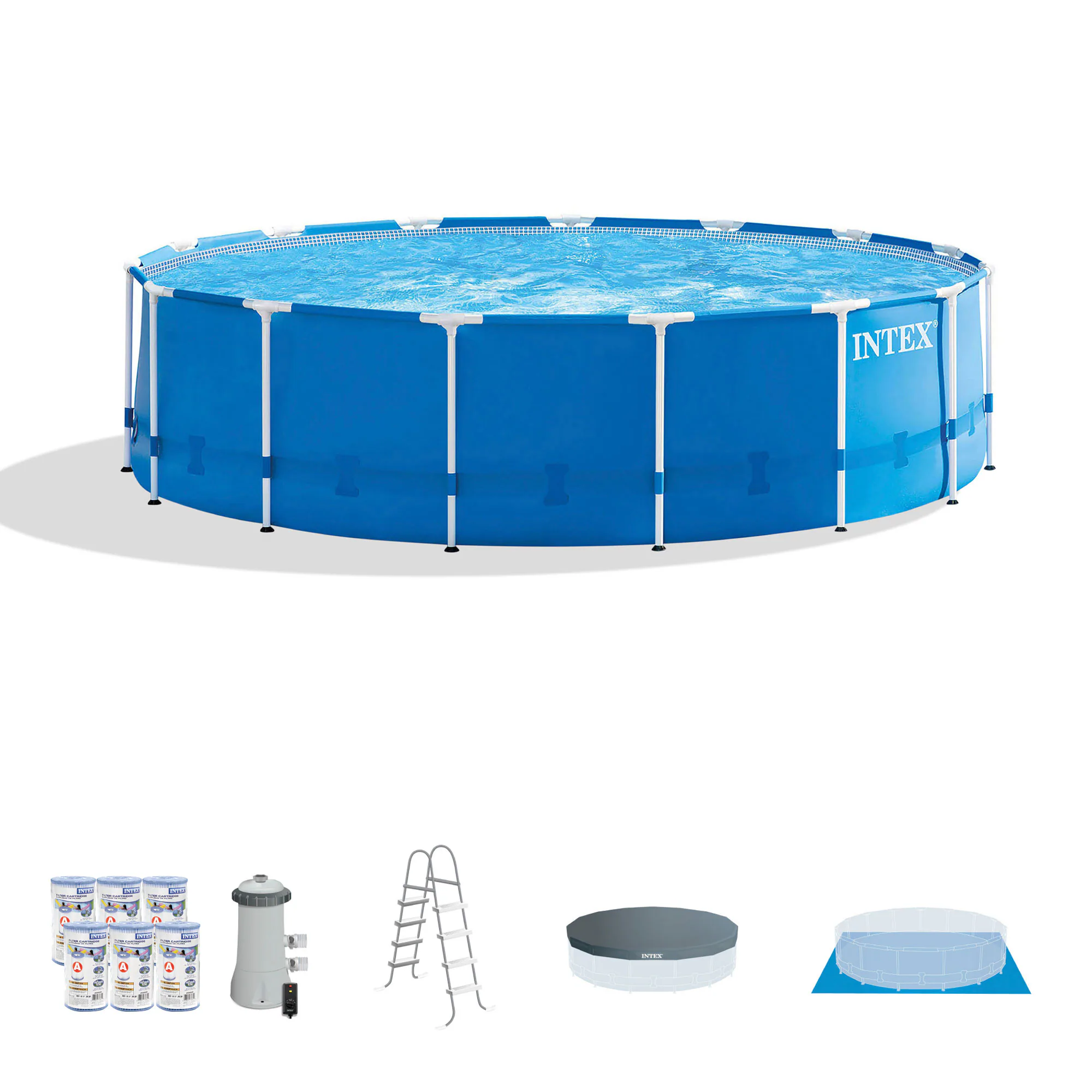 Intex 15-Feet x 15-Feet x 48-Inches Metal frame Round Above-Ground Pool with Filter Pump, Ground Cloth, Pool Cover, Ladder