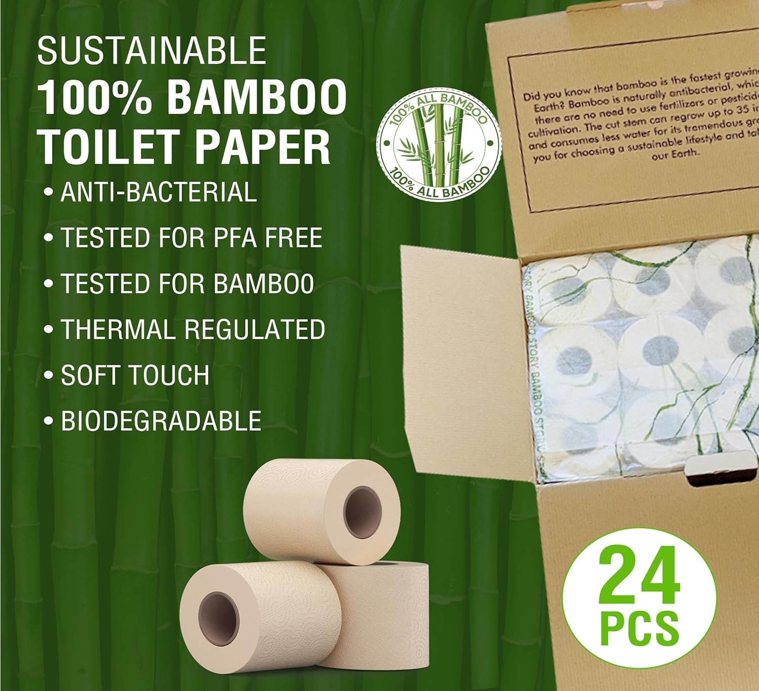 Premium Bamboo Toilet Paper, PFAS Free, Chemical Free Toilet Paper, Unbleached, (24) 3PLY & 300 Sheets, Organic Brown