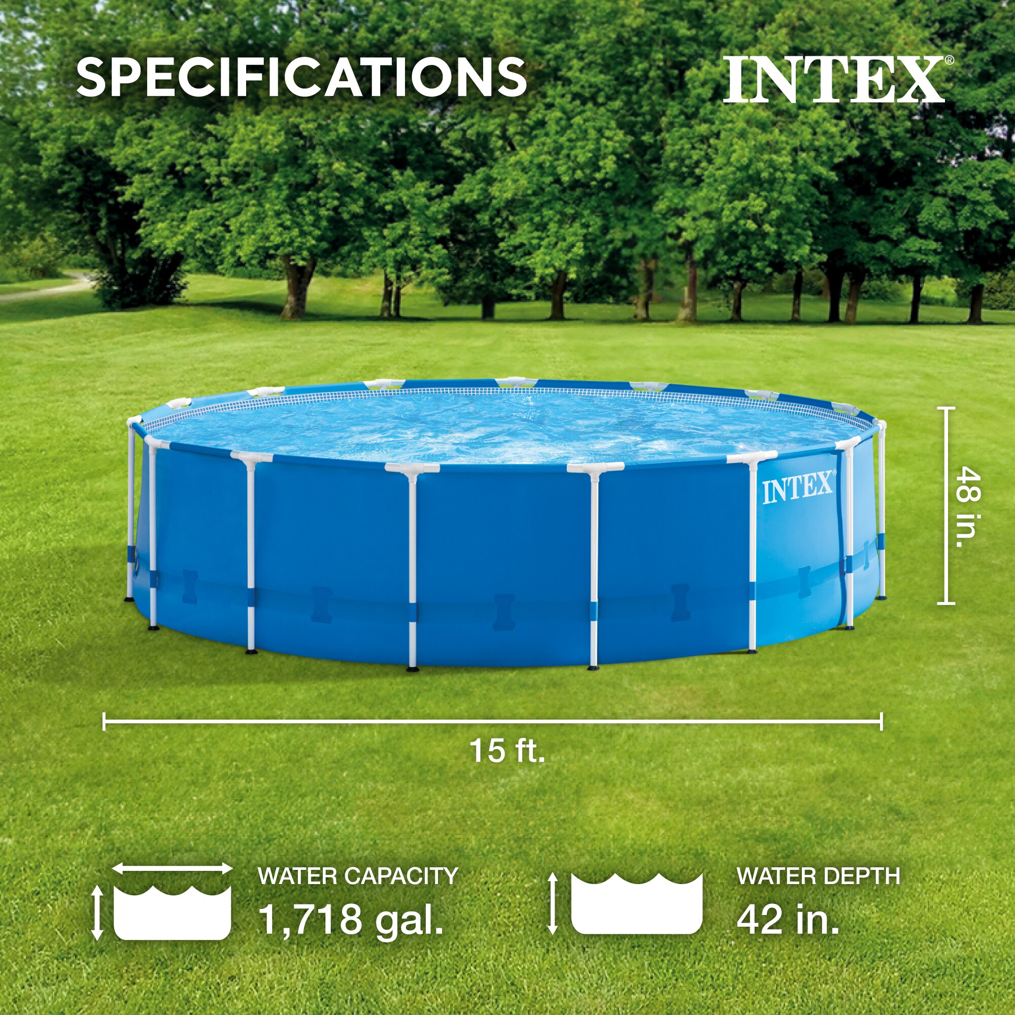 Intex 15-Feet x 15-Feet x 48-Inches Metal frame Round Above-Ground Pool with Filter Pump, Ground Cloth, Pool Cover, Ladder - Image 2