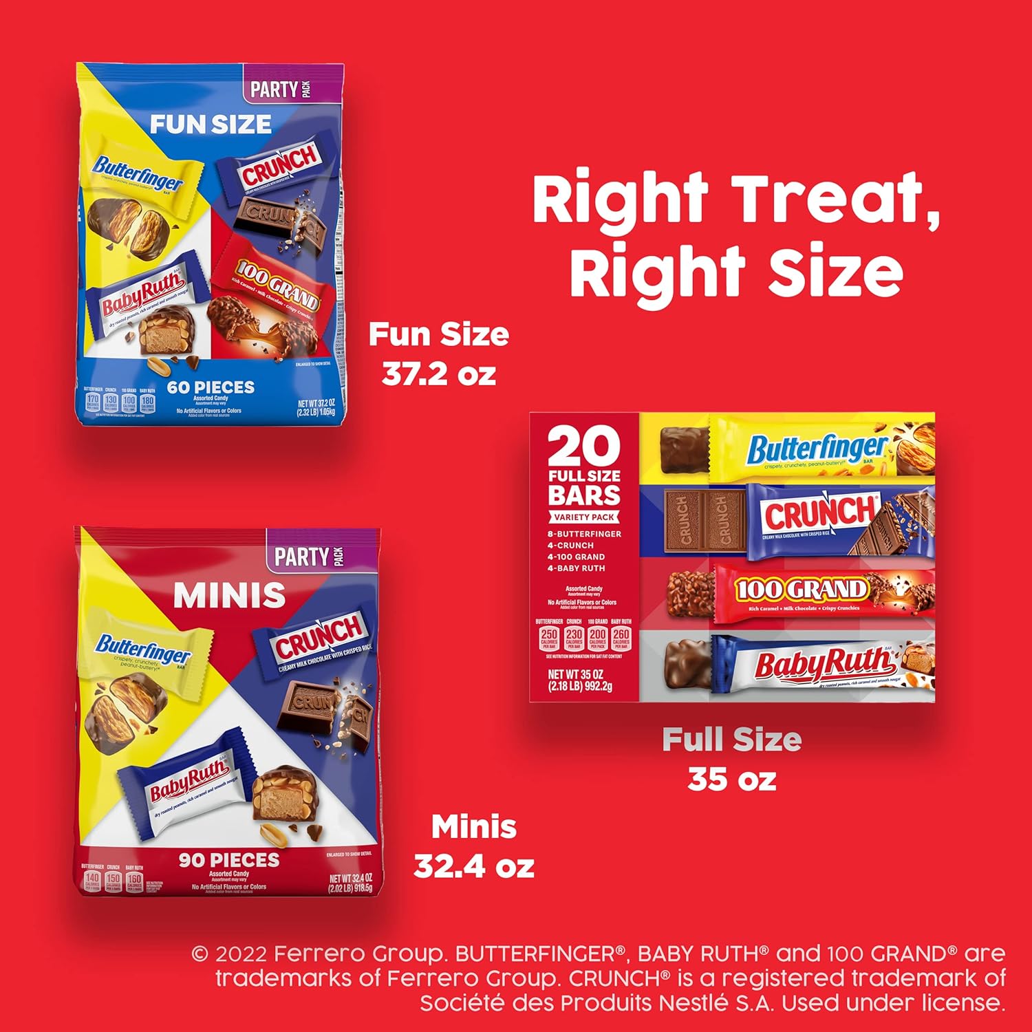 Butterfinger, CRUNCH, Baby Ruth and 100 Grand, Bulk 28 Pack, Assorted Full Size Chocolate Candy Bars, Stocking Stuffers, 48 oz