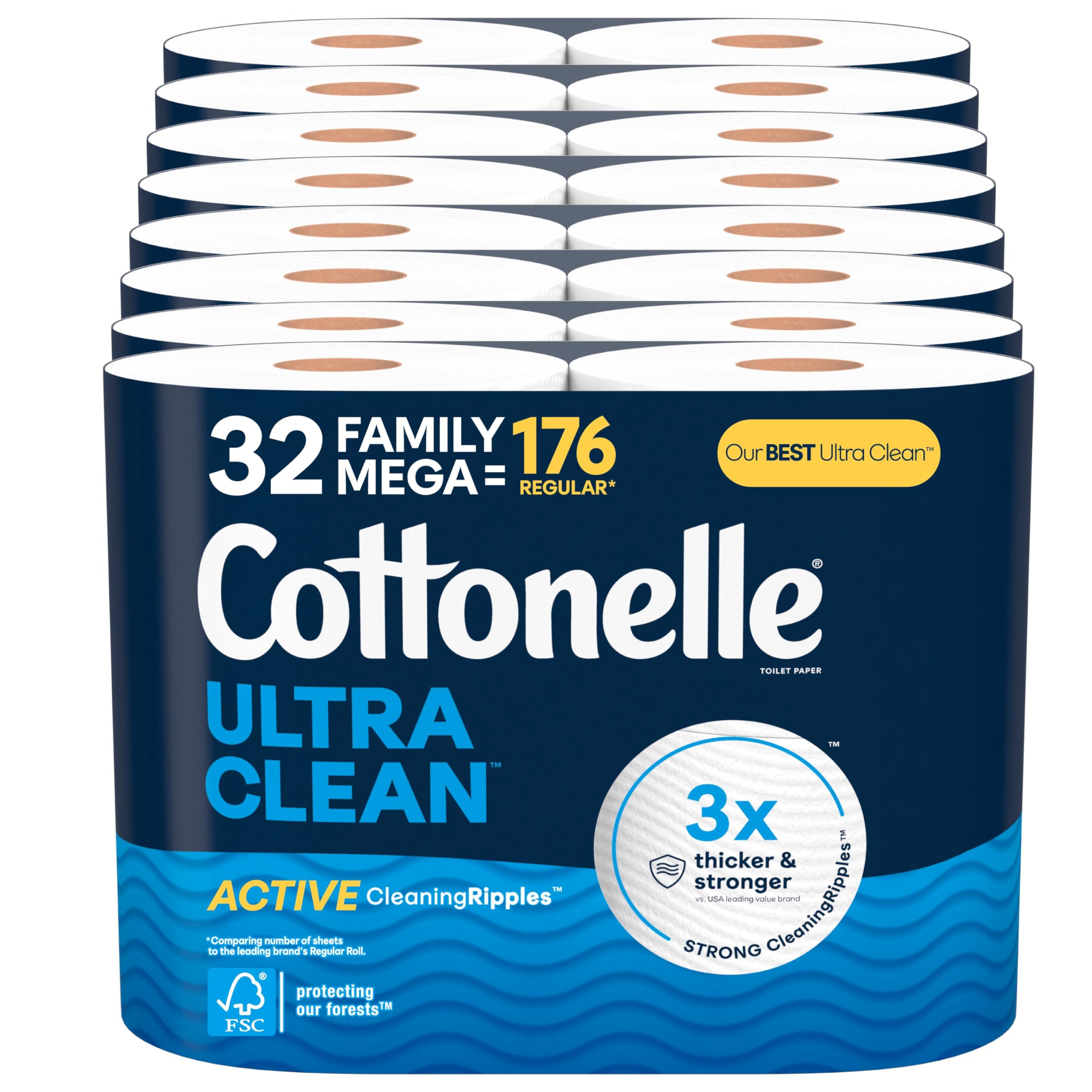 Cottonelle Ultra Clean Toilet Paper with Active CleaningRipples Texture, Strong Bath Tissue, 32 Family Mega Rolls (8 Packs of 4)
