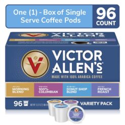 Victor Allen's Coffee Variety Pack (Morning Blend, 100% Colombian, Donut Shop Blend, and French Roast), 96 Count, Single Serve Coffee Pods for Keurig K-Cup Brewers