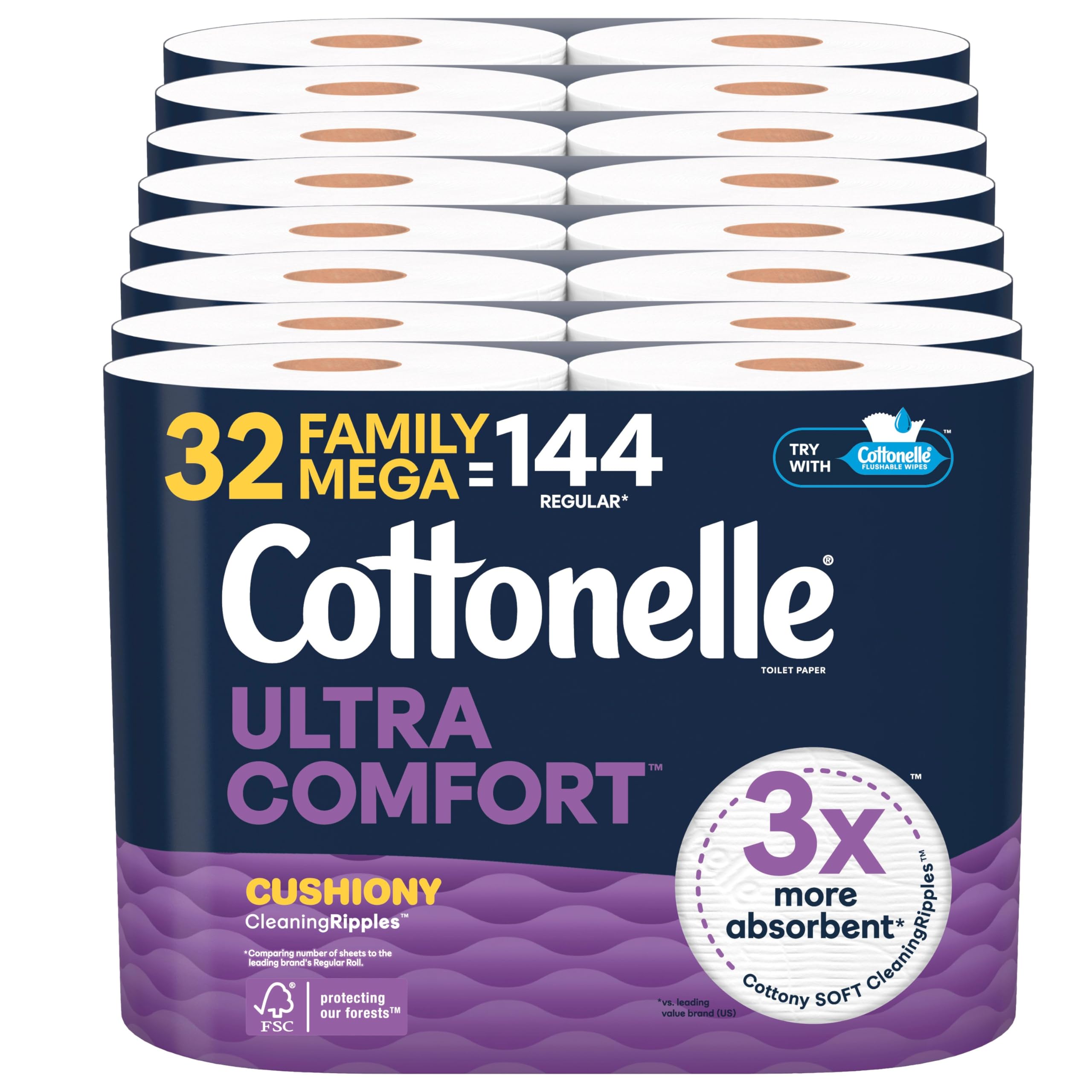 Cottonelle Ultra Comfort Toilet Paper with Cushiony CleaningRipples Texture, 32 Family Mega Rolls
