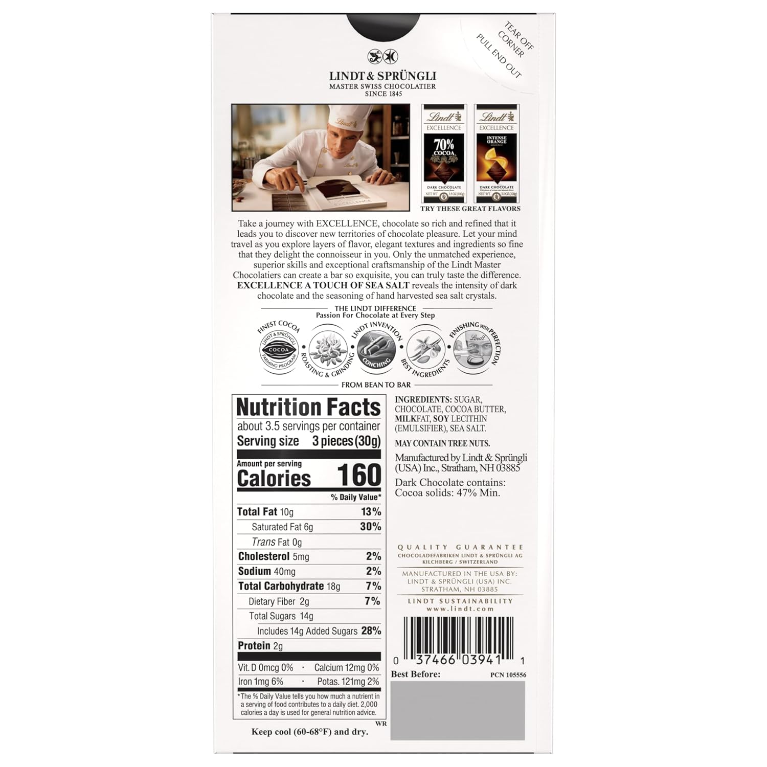Lindt EXCELLENCE Sea Salt Dark Chocolate Bar, Easter Chocolate Candy, 3.5 oz. (12 Pack)