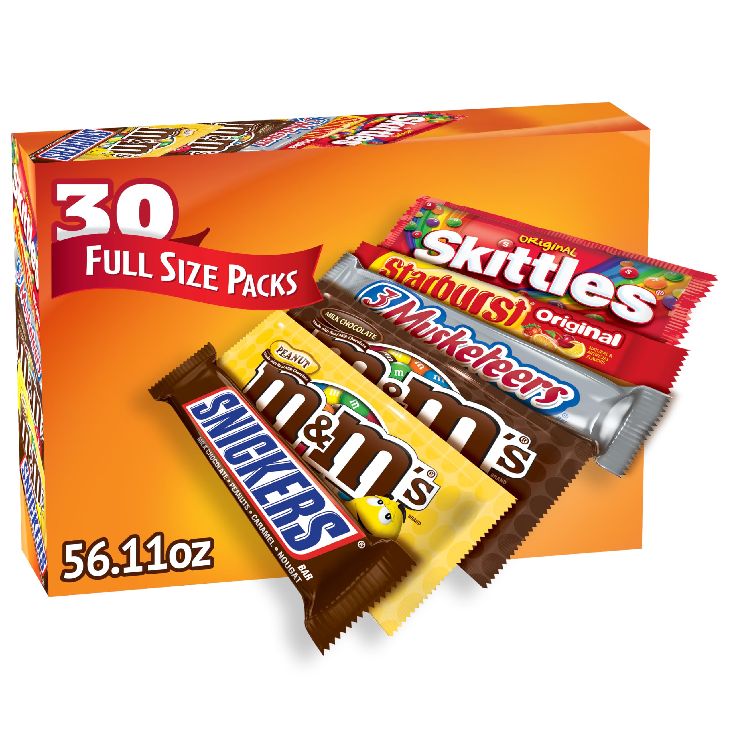 Mars M&M'S, Snicker, 3 Musketeers, Skittles & Starburst Variety Pack Full Size Bulk Candy Assortment, 56.11 oz, 30 Count