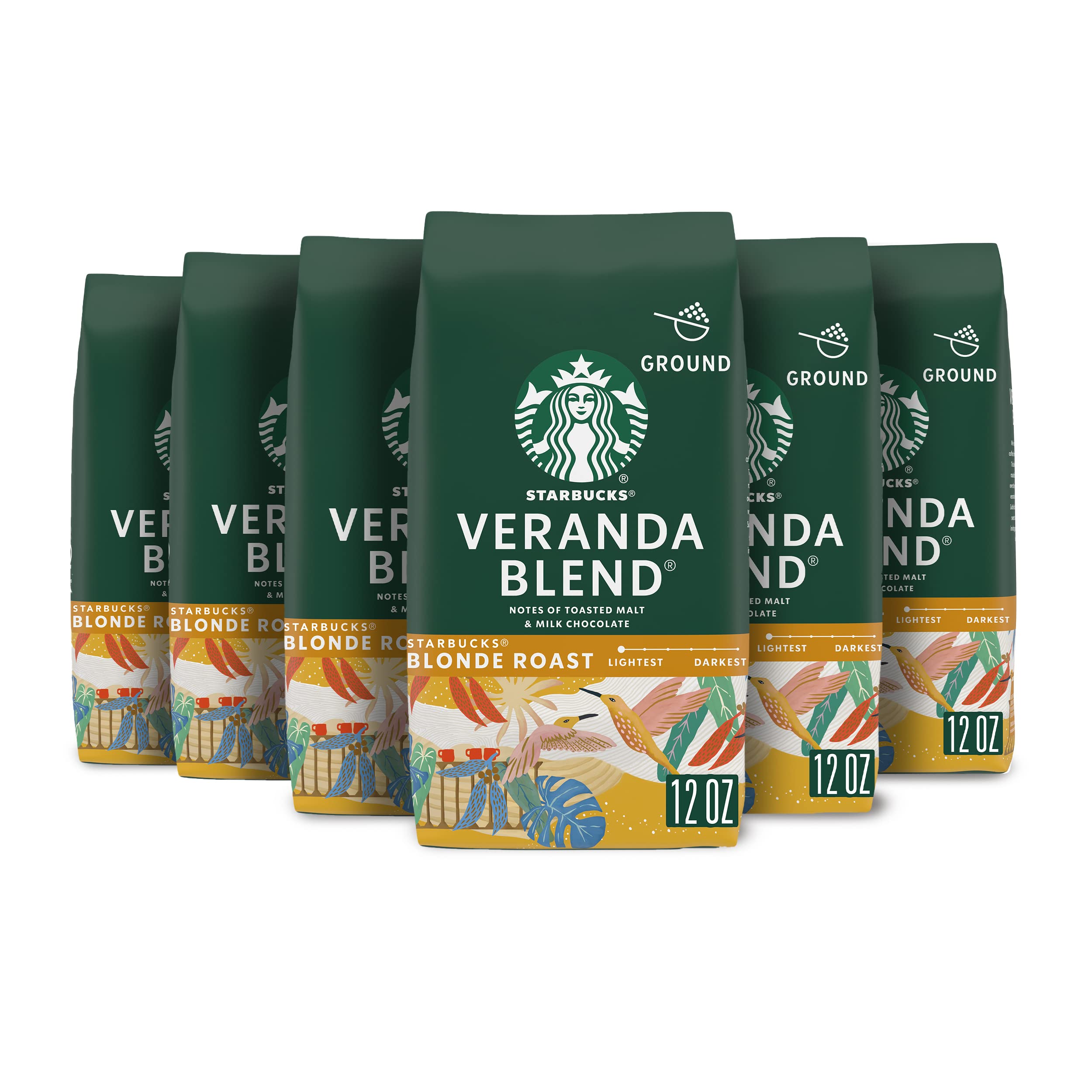 Starbucks Ground Coffee, Starbucks Blonde Roast Coffee, Veranda Blend, 100% Arabica, 6 bags (12 oz each)
