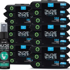 DUDE Wipes - Flushable Wipes with DUDE Bombs Toilet Spray - 18 Pack, 864 Wipes, 1 Spray Bottle