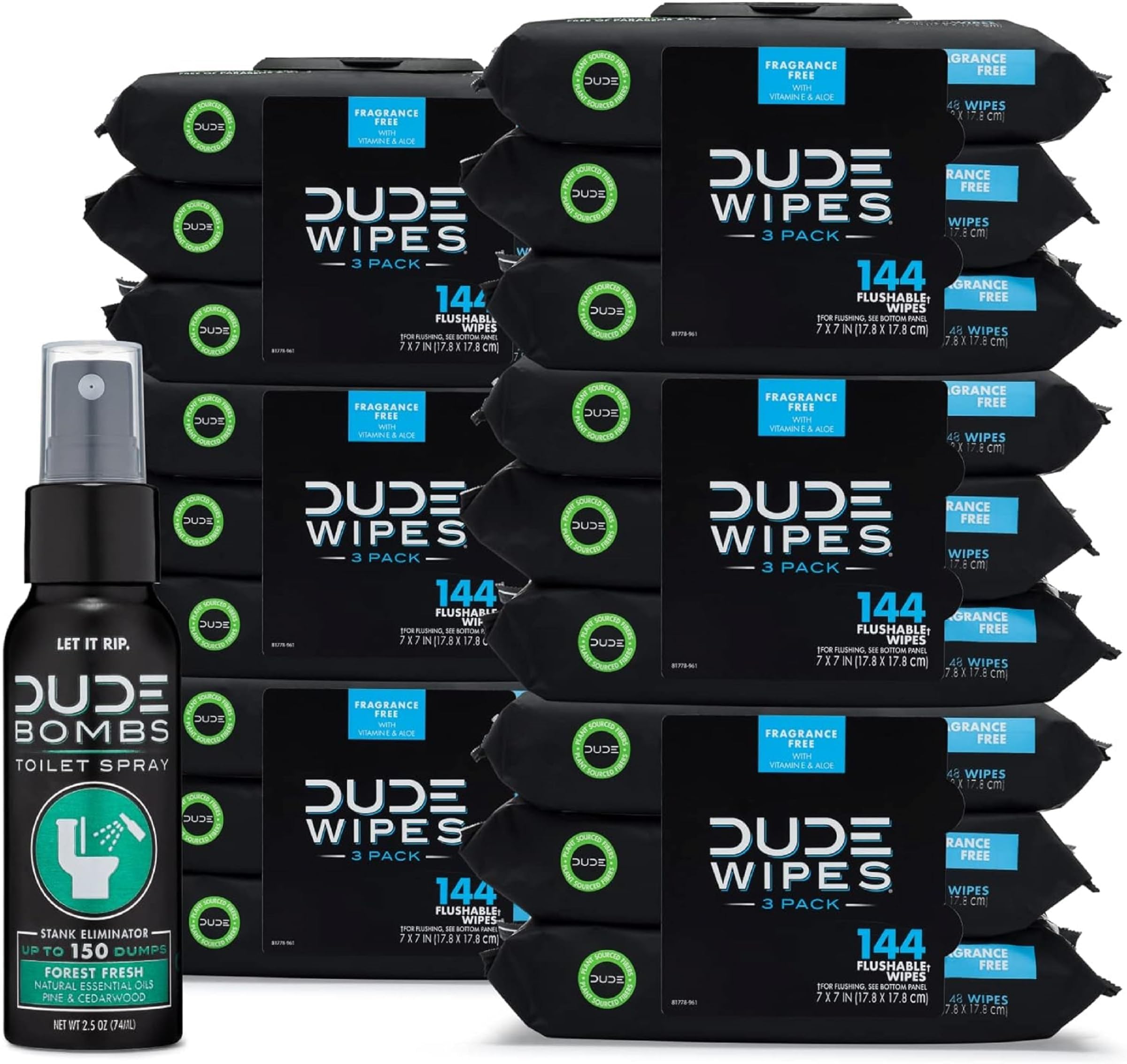 DUDE Wipes - Flushable Wipes with DUDE Bombs Toilet Spray - 18 Pack, 864 Wipes, 1 Spray Bottle