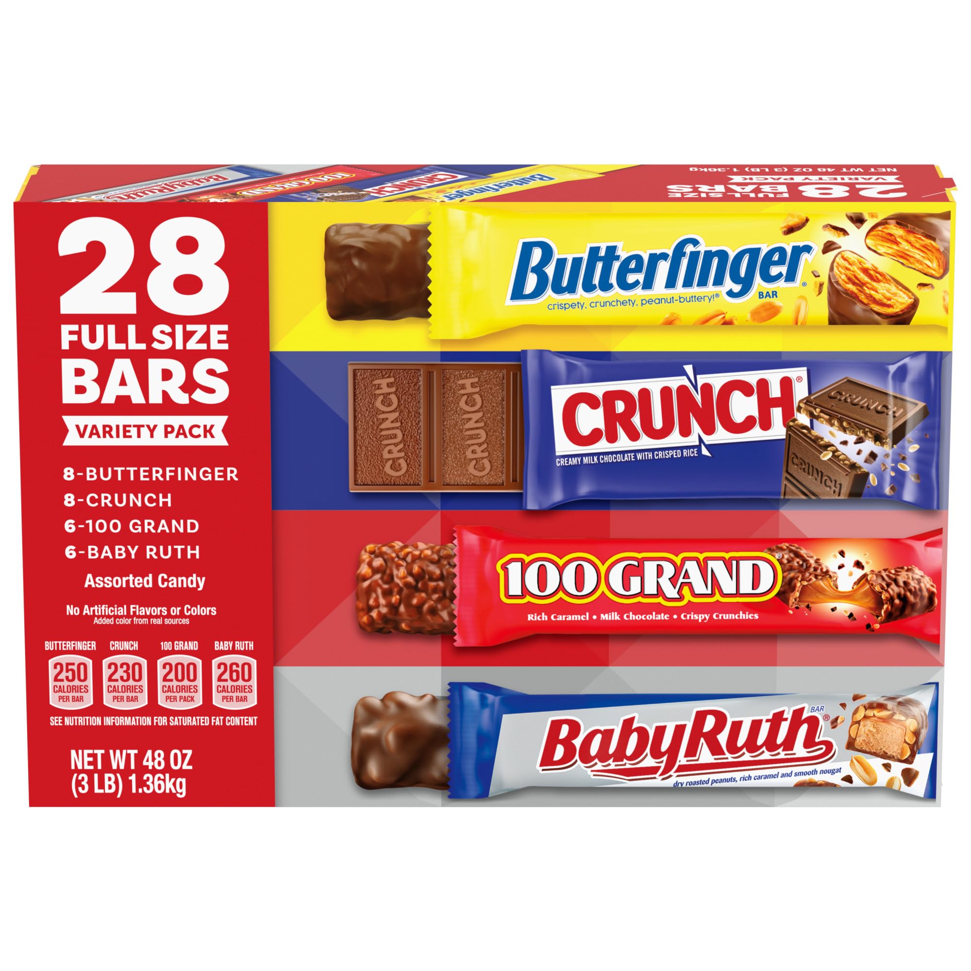 Butterfinger, CRUNCH, Baby Ruth and 100 Grand, Bulk 28 Pack, Assorted Full Size Chocolate Candy Bars, Stocking Stuffers, 48 oz