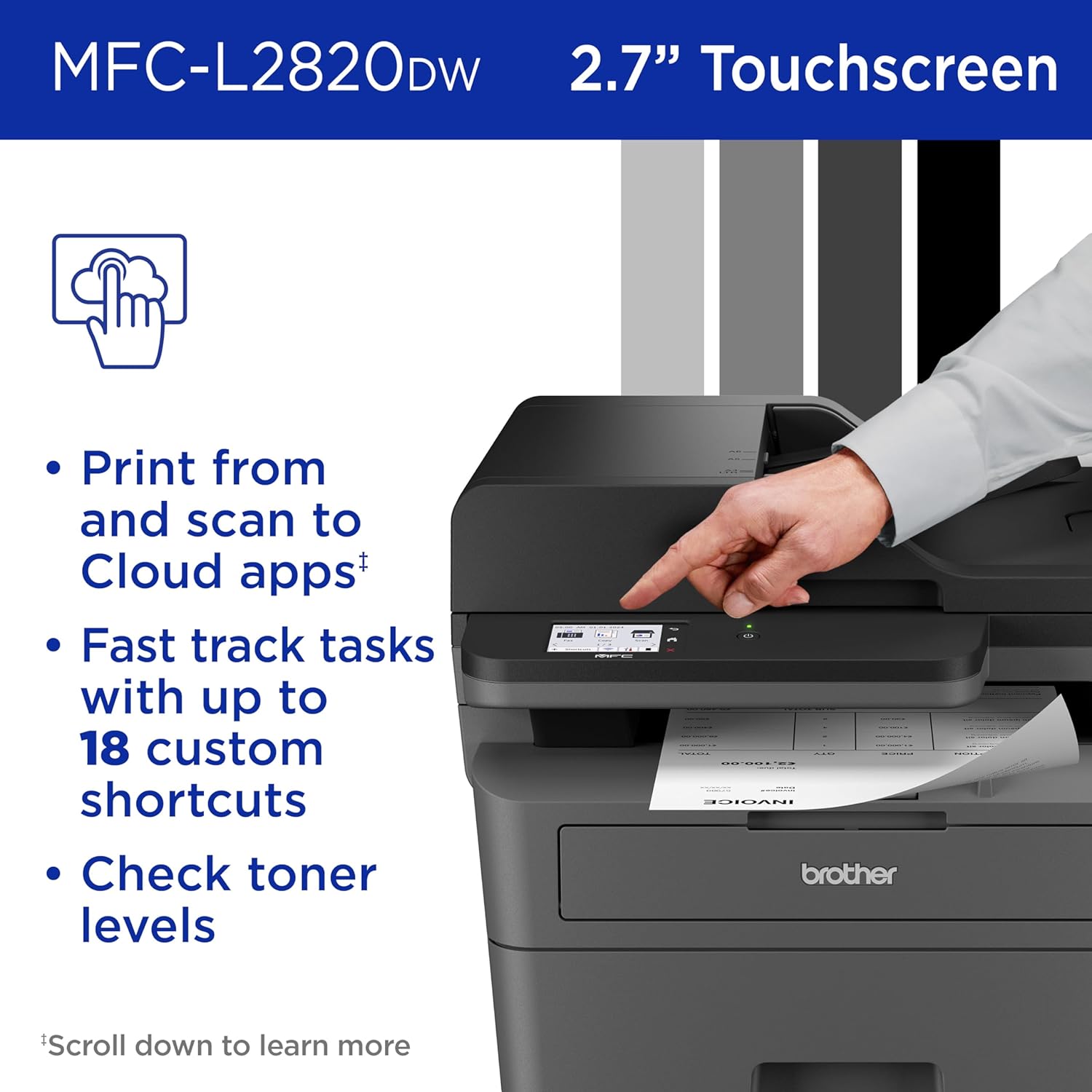 Brother MFC-L2820DW Wireless Compact Monochrome All-in-One Laser Printer with Copy, Scan and Fax, Duplex, Black & White