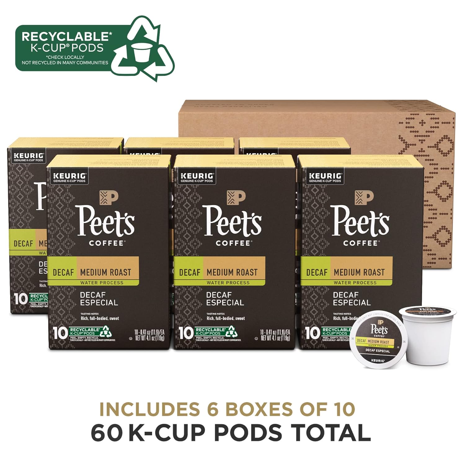 Peet's Coffee, Medium Roast Decaffeinated Coffee K-Cup Pods - Decaf Especial 60 Count, Packaging May Vary