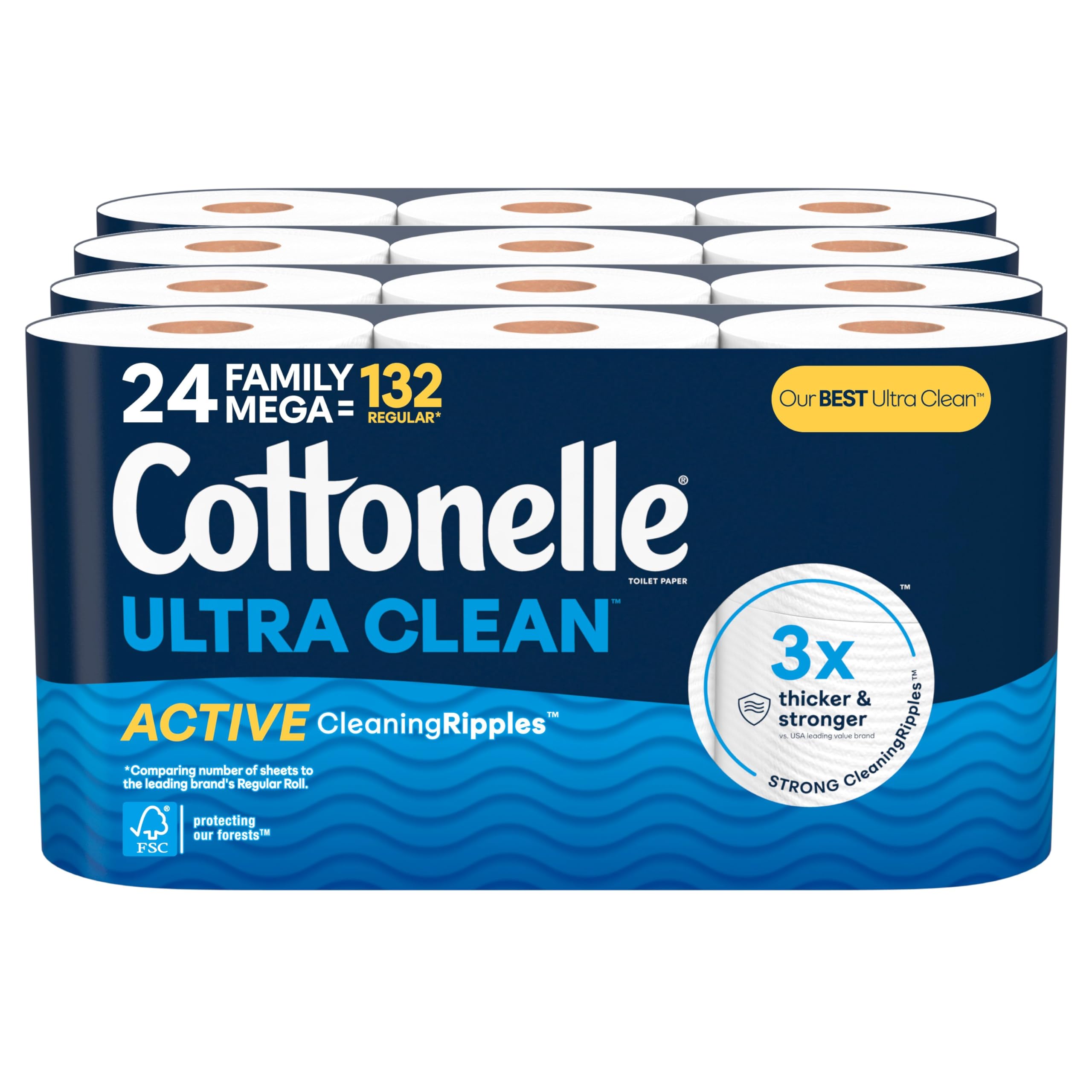 Cottonelle Ultra Clean Toilet Paper with Active CleaningRipples Texture, Strong Bath Tissue, 24 Family Mega Rolls (4 Packs of 6)