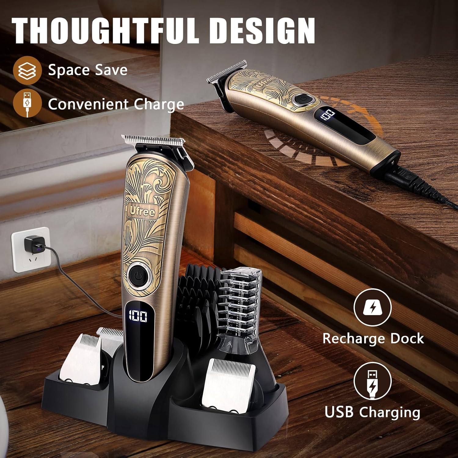 Ufree Gifts for Men, Beard Trimmer with Charging Stand, IPX7 Waterproof Electric Razor Shavers for Men
