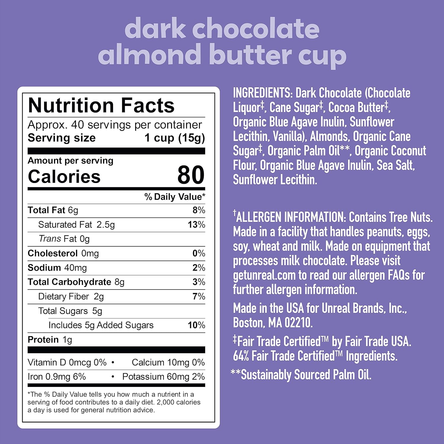 UNREAL Dark Chocolate Almond Butter Cups, 5g Sugar, Certified Vegan, Gluten Free, Fair Trade, Non-GMO, 0.53 Ounce (Pack of 40)