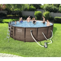 Bestway Power Steel Round Above Ground Outdoor Swimming Pool Set with Filter Pump and Cover, Size: 14' W x 42