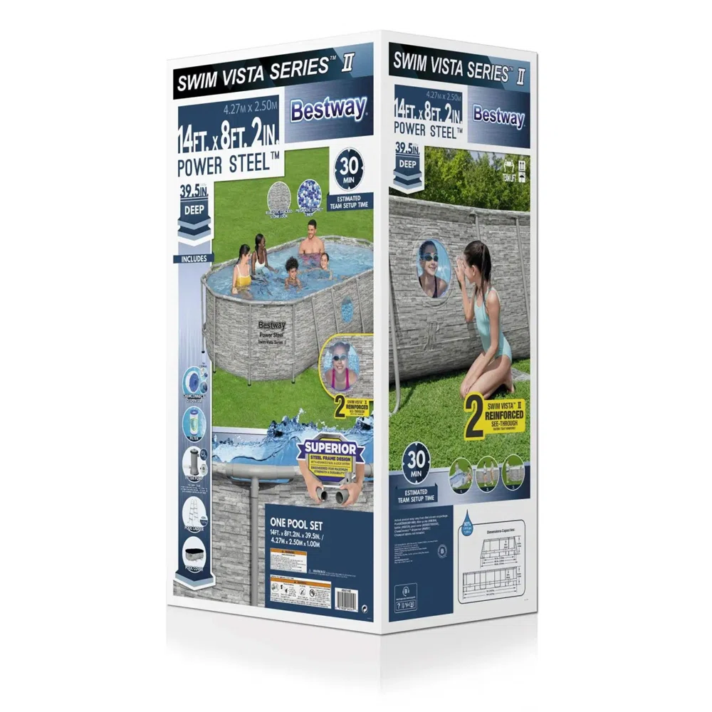 Bestway Power Steel Swim Vista Above Ground Outdoor Swimming Pool Set with Filter Pump, Ladder, and Pool Cover Size: 98" W x 39.5" H