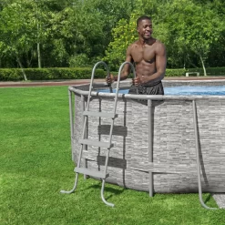 Bestway Power Steel Swim Vista Above Ground Outdoor Swimming Pool Set with Filter Pump, Ladder, and Pool Cover Size: 98