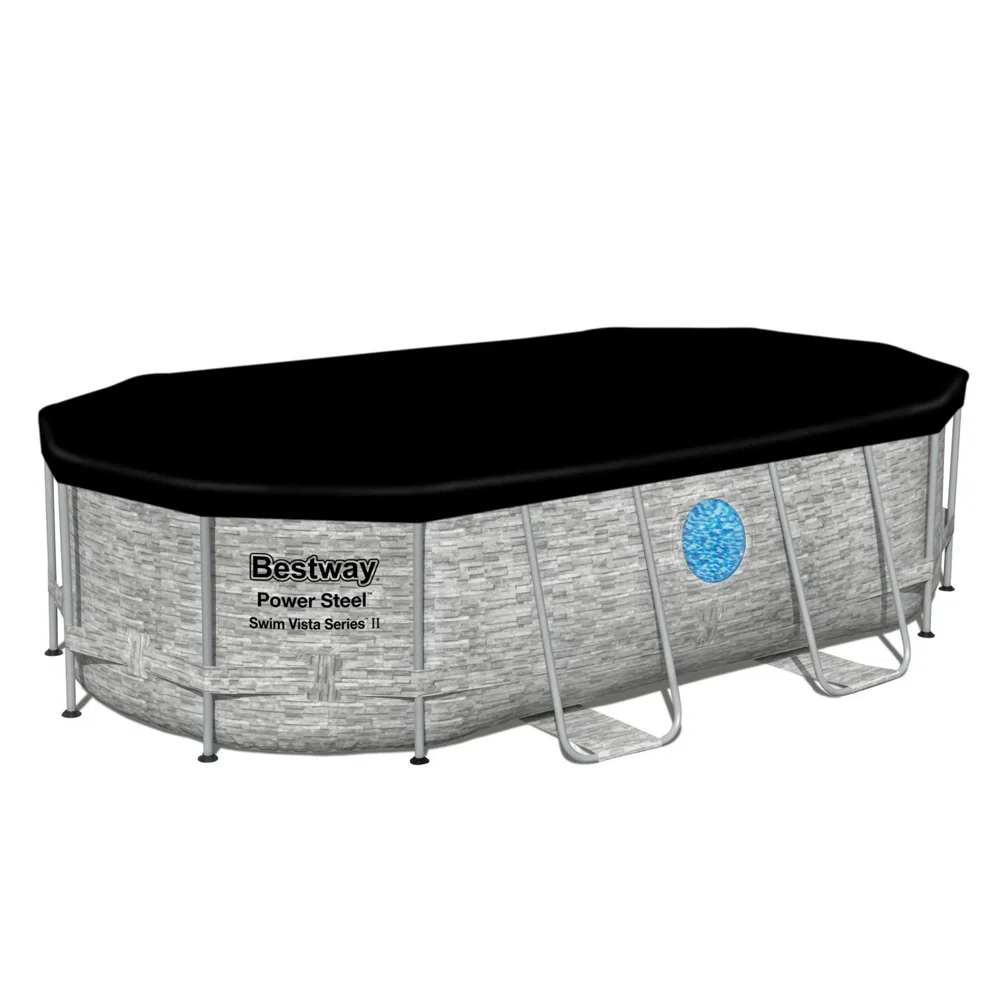Bestway Power Steel Swim Vista Above Ground Outdoor Swimming Pool Set with Filter Pump, Ladder, and Pool Cover Size: 98" W x 39.5" H