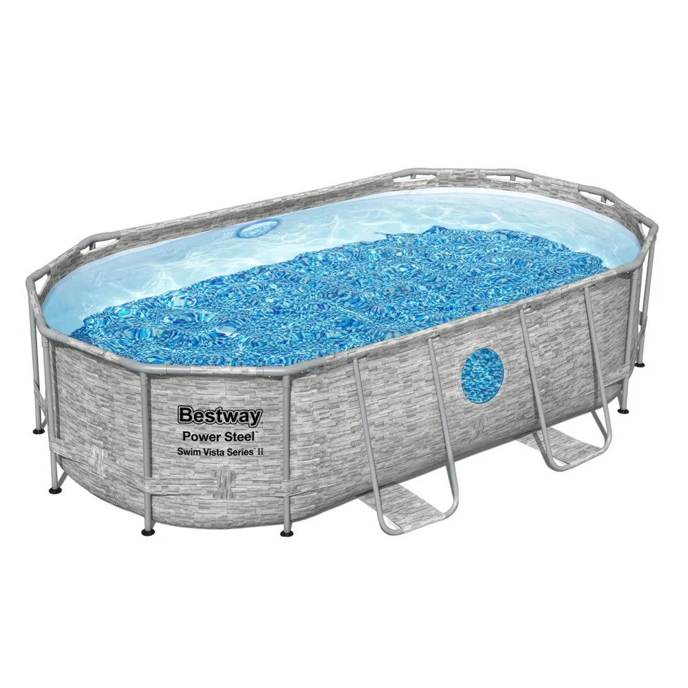 Bestway Power Steel Swim Vista Above Ground Outdoor Swimming Pool Set with Filter Pump, Ladder, and Pool Cover Size: 98" W x 39.5" H