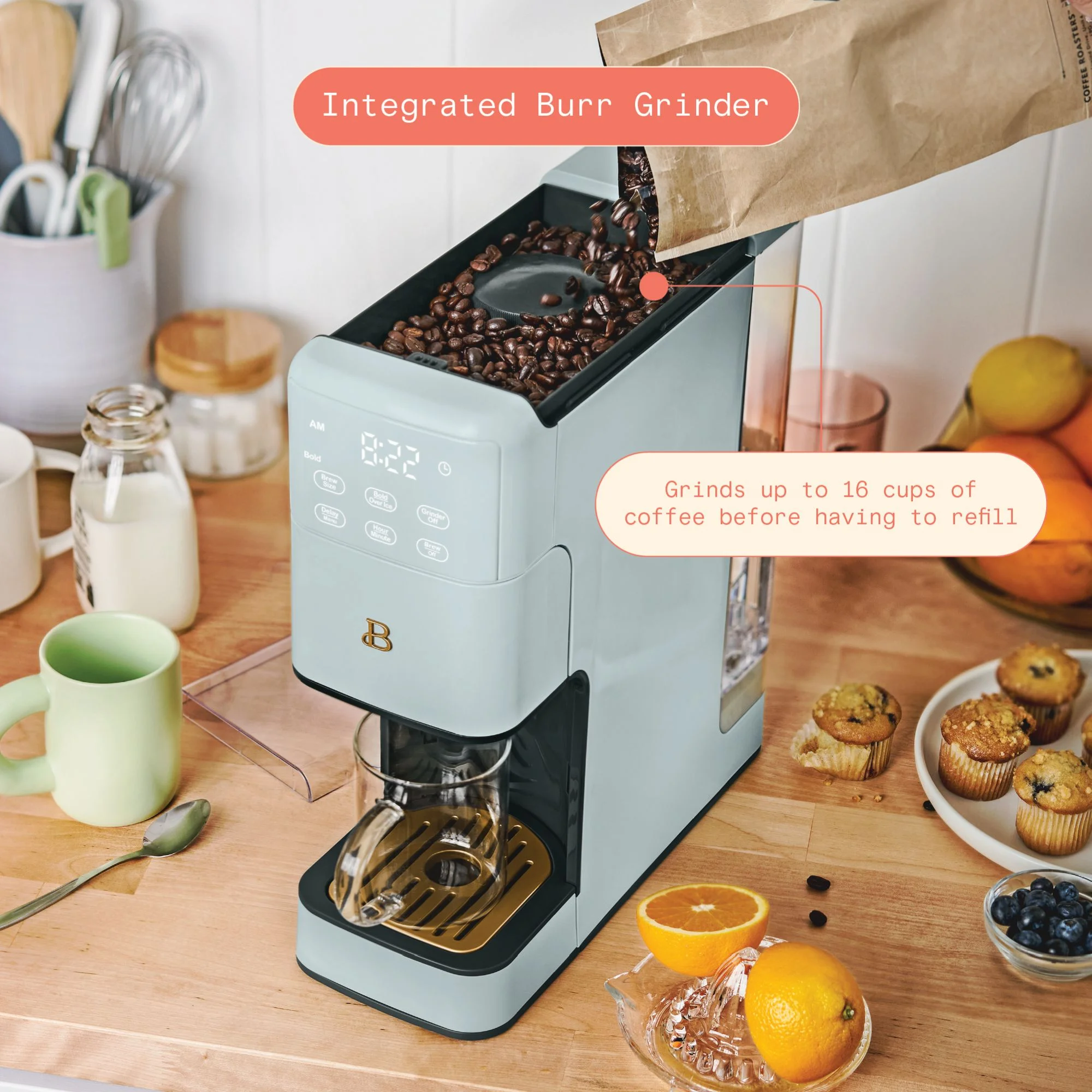 Beautiful Perfect Grind Programmable Single Serve Coffee Maker, Hydrangea by Drew Barrymore