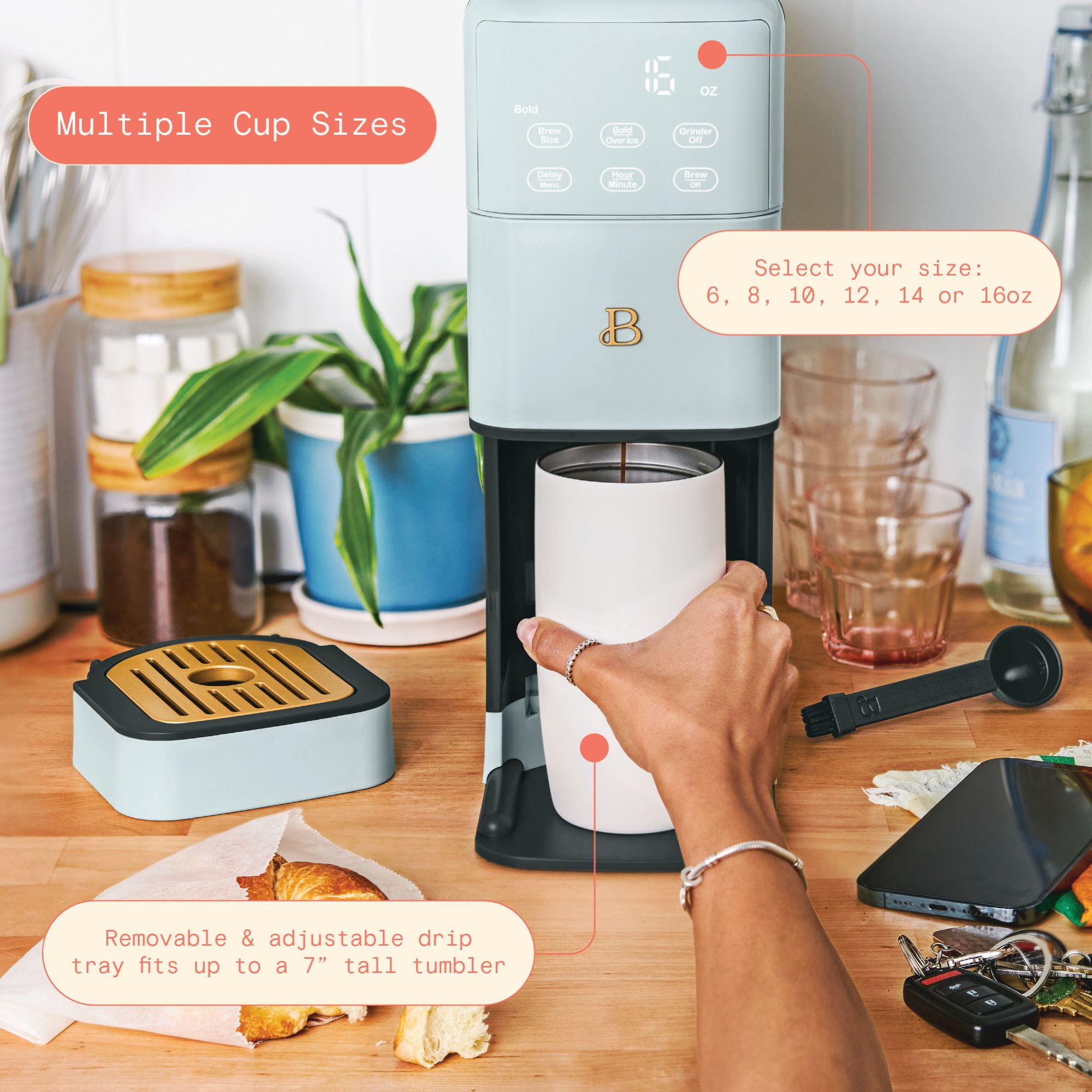Beautiful Perfect Grind Programmable Single Serve Coffee Maker, Hydrangea by Drew Barrymore