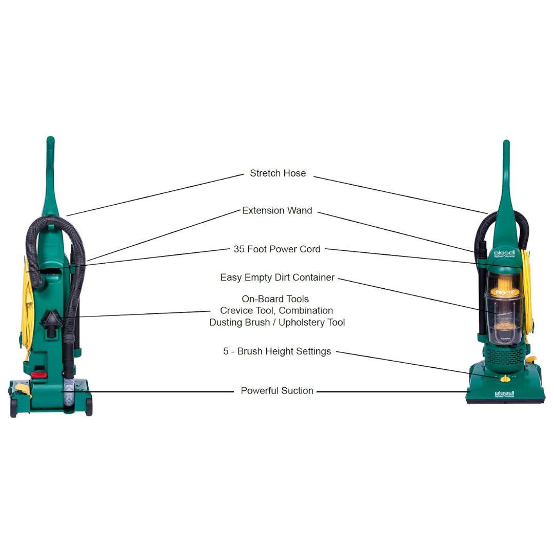 BISSELL BigGreen BGU1937T 13.5" Pro Cup Bagless Upright Vacuum with On-board Tools, 44" Height, 13.5" Wide, 13.2" Length, Polypropylene, 2 fl. oz. Capacity, Green