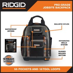 RIDGID 15 in. 55 Pocket Professional Grade Tool Backpack RD65180-TH