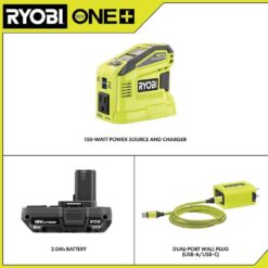 RYOBI 150-Watt Push Button Start Power Source and Charger for ONE+ 18-Volt Battery Generator with 2.0 Ah Battery RYi150C