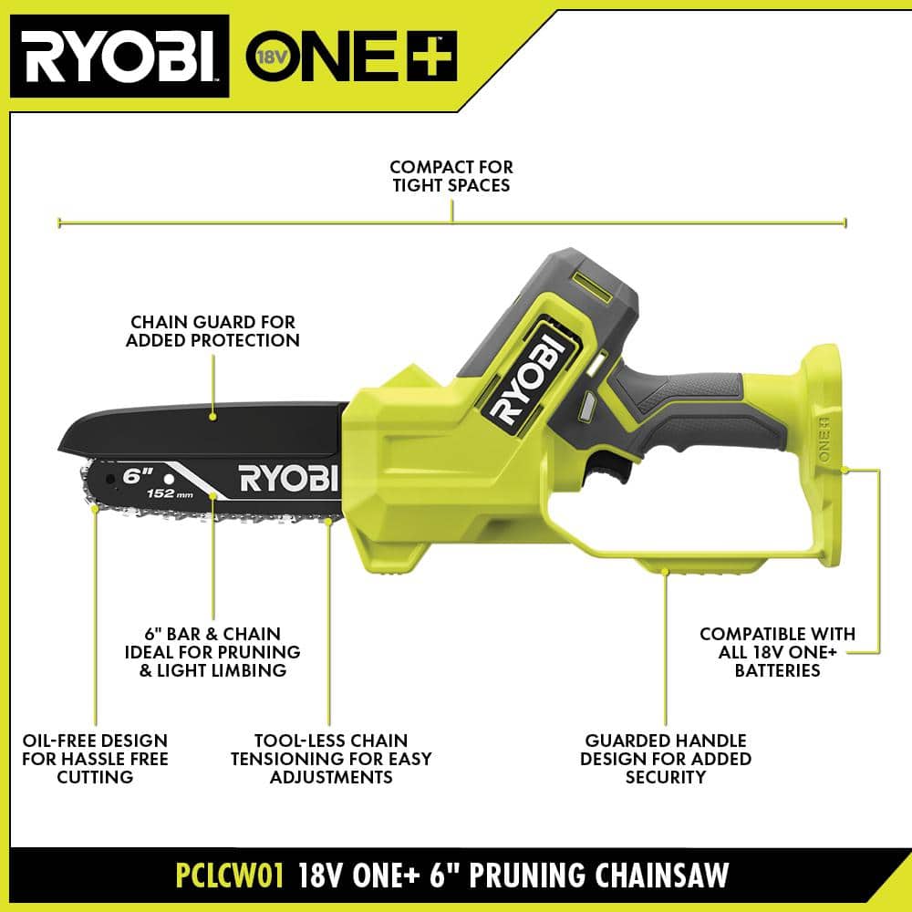 RYOBI ONE+ 18V 6 in. Cordless Battery Compact Pruning Mini Chainsaw with 2.0 Ah Battery and Charger PCLCW01K