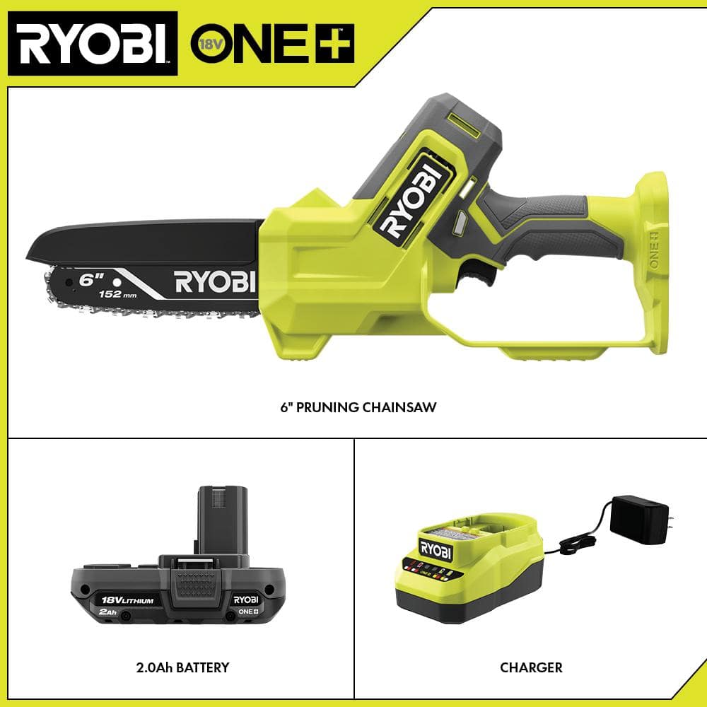 RYOBI ONE+ 18V 6 in. Cordless Battery Compact Pruning Mini Chainsaw with 2.0 Ah Battery and Charger PCLCW01K