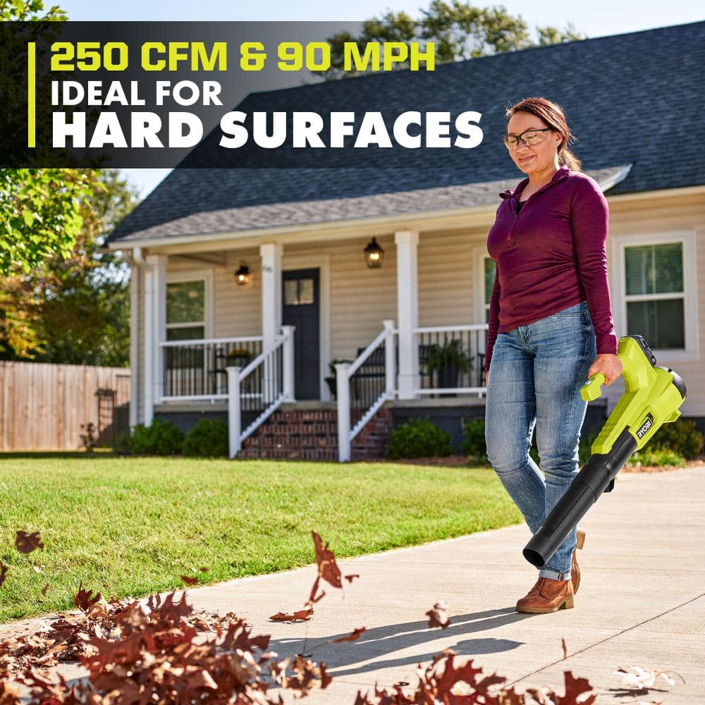 RYOBI ONE+ 18V 90 MPH 250 CFM Cordless Battery Leaf Blower/Sweeper with 2.0 Ah Battery and Charger P21011K