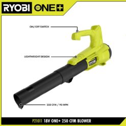RYOBI ONE+ 18V 90 MPH 250 CFM Cordless Battery Leaf Blower/Sweeper with 2.0 Ah Battery and Charger P21011K