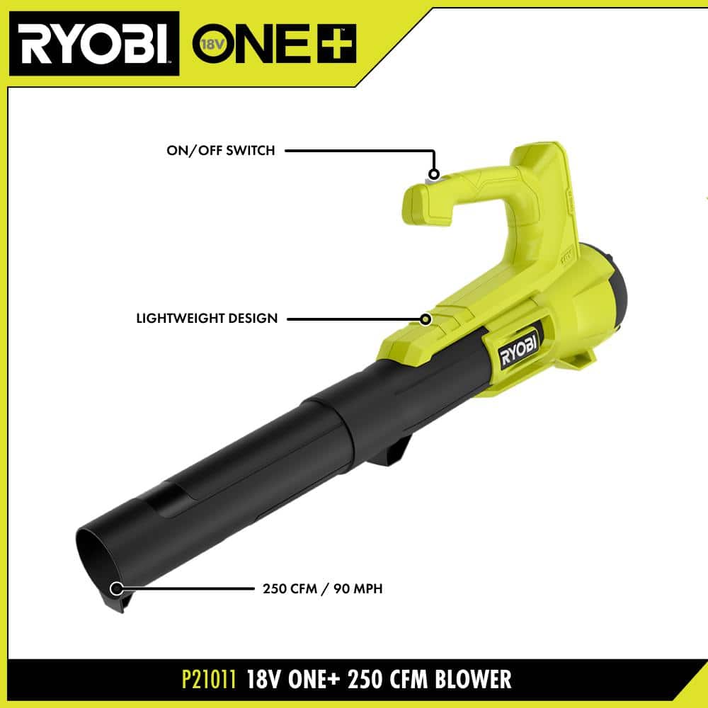 RYOBI ONE+ 18V 90 MPH 250 CFM Cordless Battery Leaf Blower/Sweeper with 2.0 Ah Battery and Charger P21011K