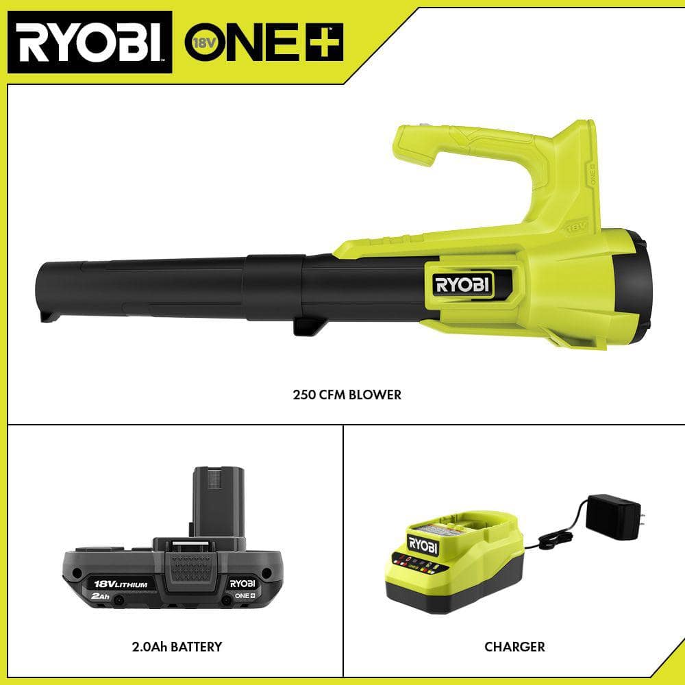 RYOBI ONE+ 18V 90 MPH 250 CFM Cordless Battery Leaf Blower/Sweeper with 2.0 Ah Battery and Charger P21011K