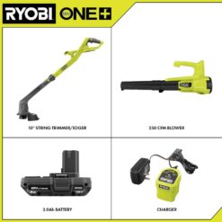 RYOBI ONE+ 18V Cordless String Trimmer/Edger and Blower/Sweeper Combo Kit (2-Tools) with 2.0 Ah Battery and Charger PCLCK201K