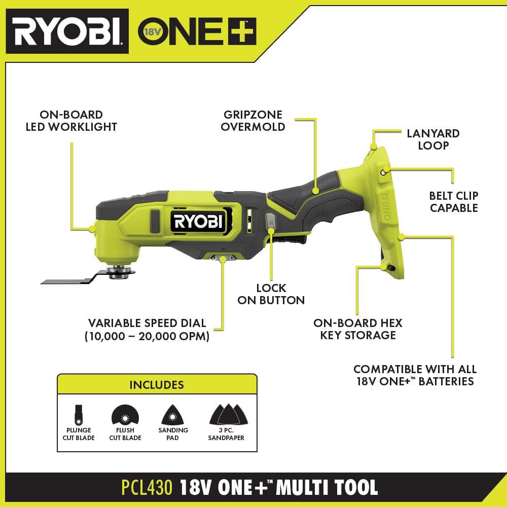 RYOBI ONE+ 18V Cordless Multi-Tool with FREE ONE+ 18V 2.0 Ah Lithium-Ion Battery PCL430B-PBP006