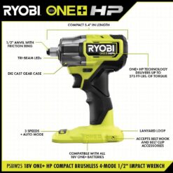 RYOBI ONE+ HP 18V Brushless Cordless Compact 1/2 in 4 Mode Impact Wrench with FREE ONE+ 18V 2.0 Ah HIGH PERFORMANCE Battery PSBIW25B-PBP003