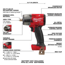 Milwaukee M18 FUEL GEN-2 18V Lithium-Ion Brushless Cordless Mid Torque 1/2 in. Impact Wrench with Pin Detent (Tool-Only) 2962P-20