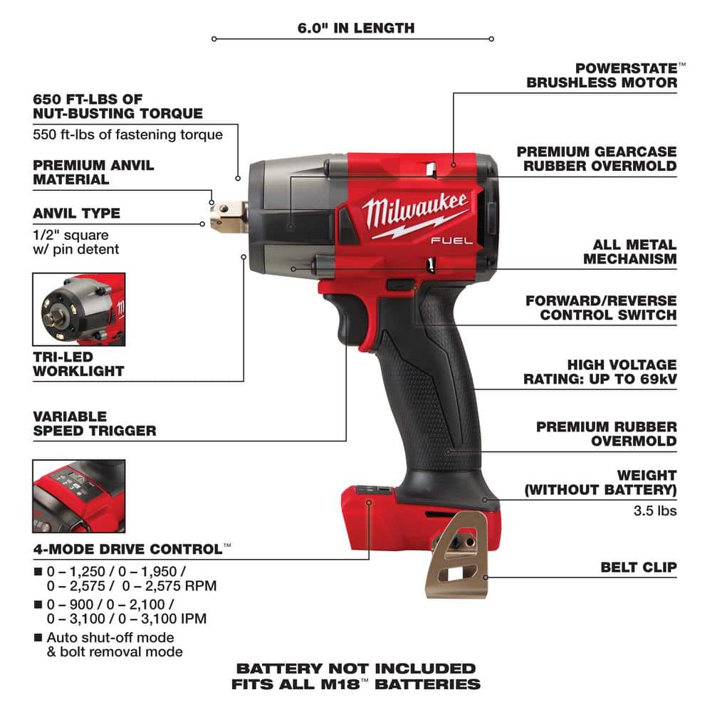 Milwaukee M18 FUEL GEN-2 18V Lithium-Ion Brushless Cordless Mid Torque 1/2 in. Impact Wrench with Pin Detent (Tool-Only) 2962P-20