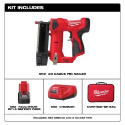 Milwaukee M12 12-Volt 23-Gauge Lithium-Ion Cordless Pin Nailer Kit with 1.5 Ah Battery, Charger and Tool Bag 2540-21